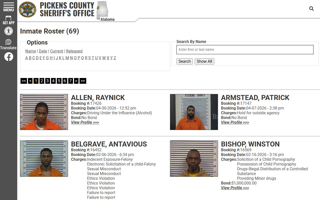 Pickens County Detention Center inmate roster search with current inmate count and filters