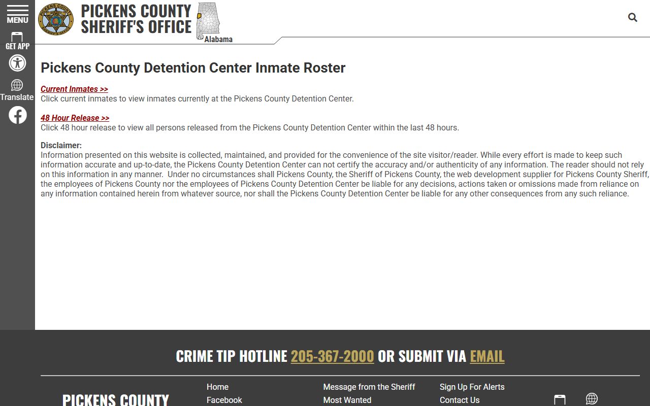 Pickens County inmate population roster landing page for current inmates and releases