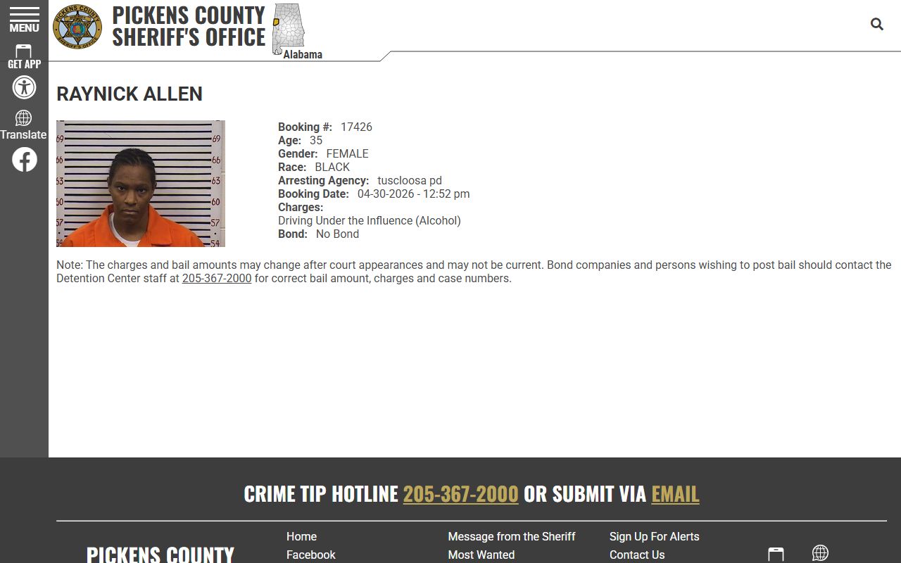 Pickens County inmate records sample roster profile fields